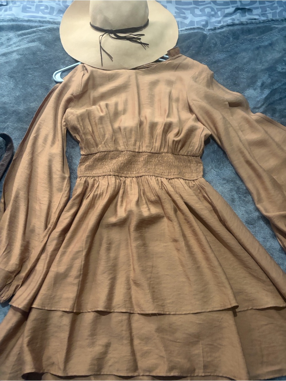 Smocked Waist Long-Sleeve open slits on arm. Tiered Dress in Camel
